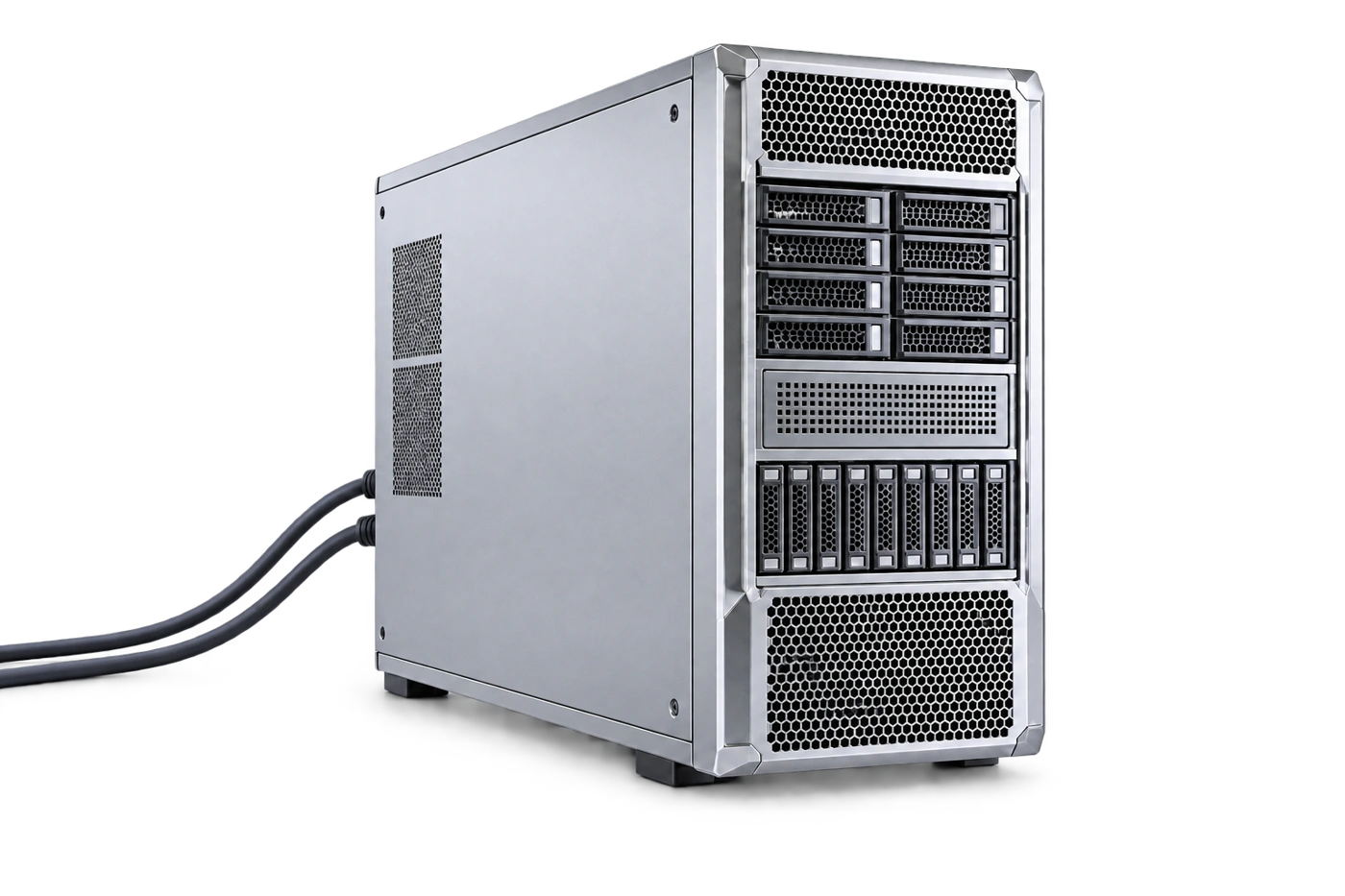 Gabinete de cómputo plateado con cables hacia un costado